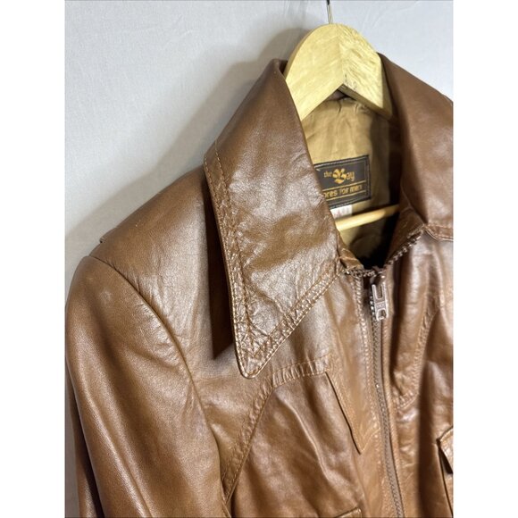 Vintage The Bay 100% Leather Jacket Men 36 Tan Bomber Style 70s Hippie - Picture 3 of 9